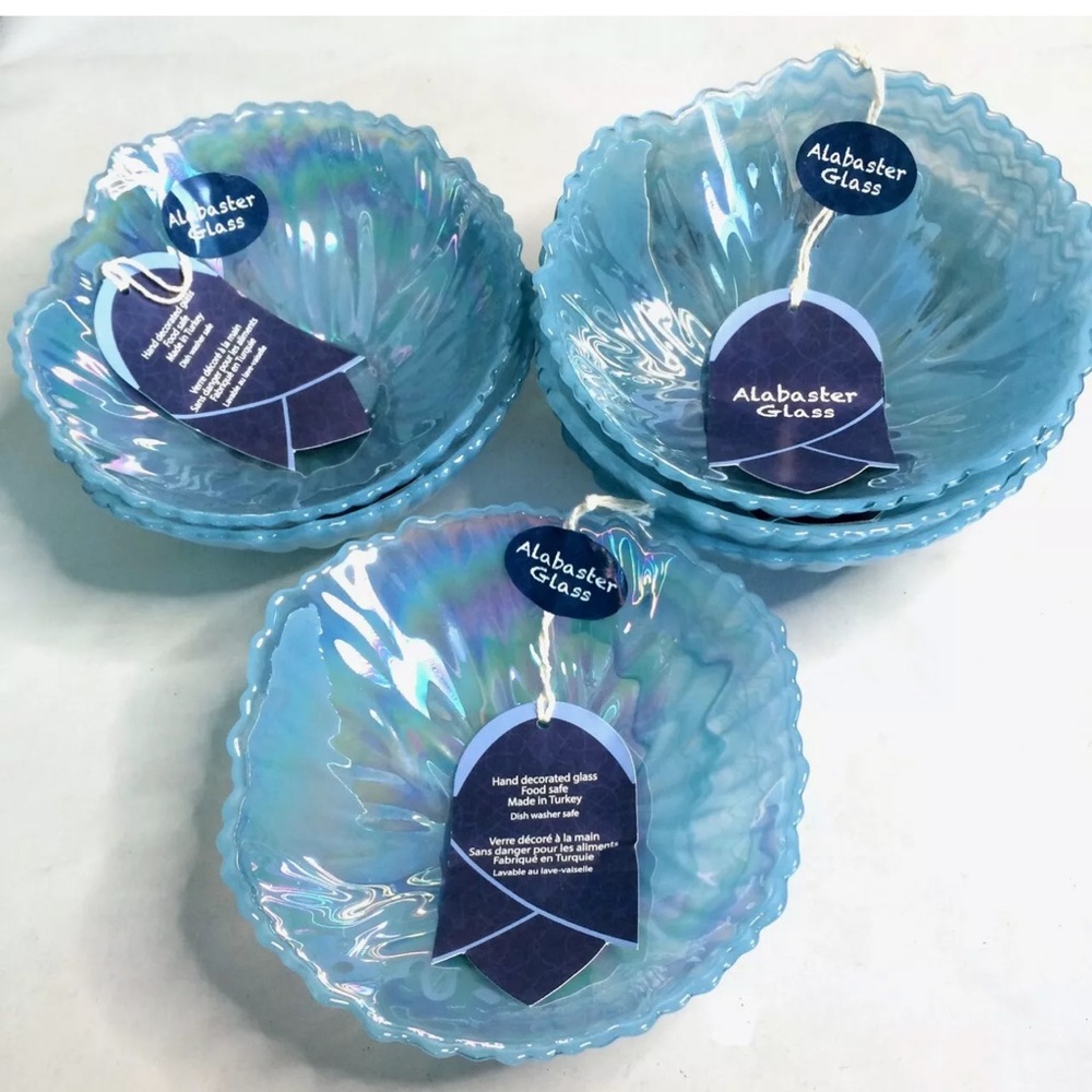 x6 Turkish Alabaster Glass Blue Swirl Bowls
